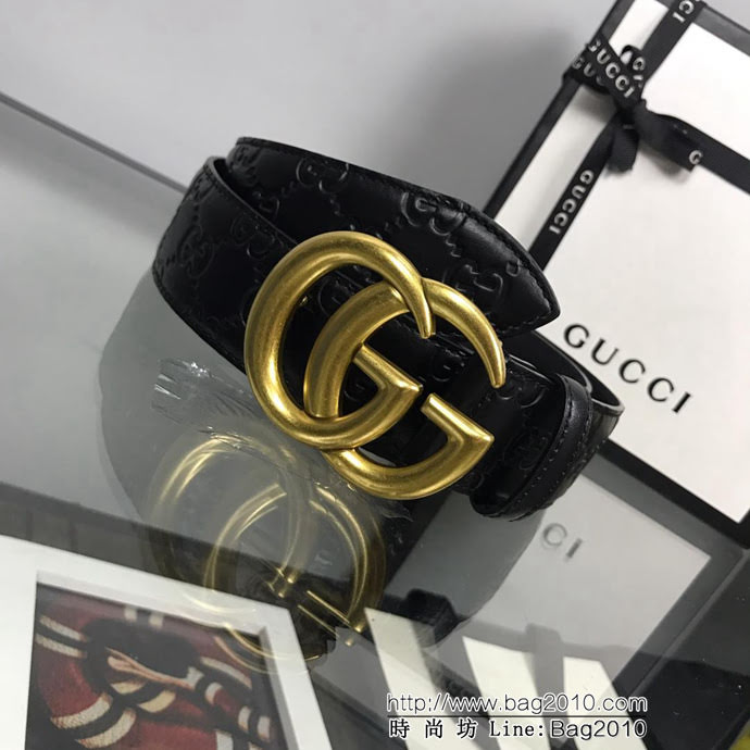 GUCCI古馳 官網新款 正品規格 原單品質 頭層小牛皮壓花 對版尖尾 復古做舊GG古金扣 男士皮帶  xfp1088